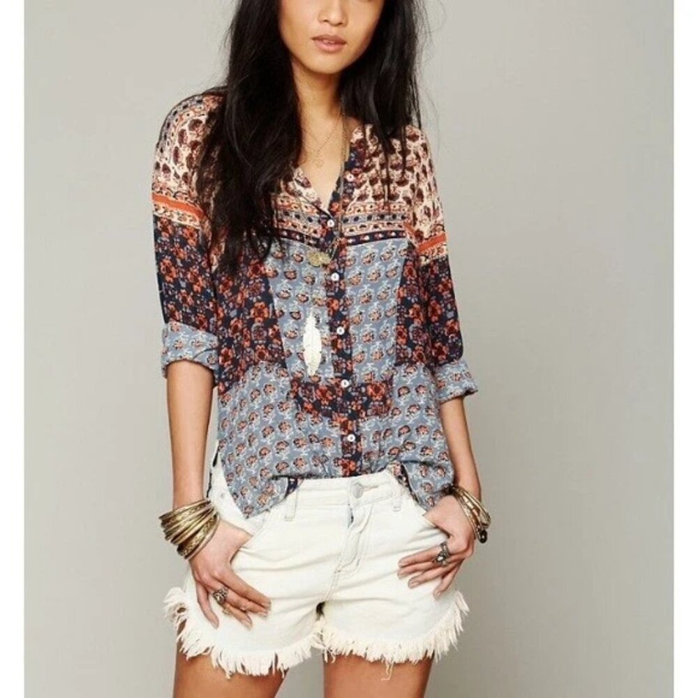 Free People Boho Mixed Print Button Front Blouse Top Multicolor Size M